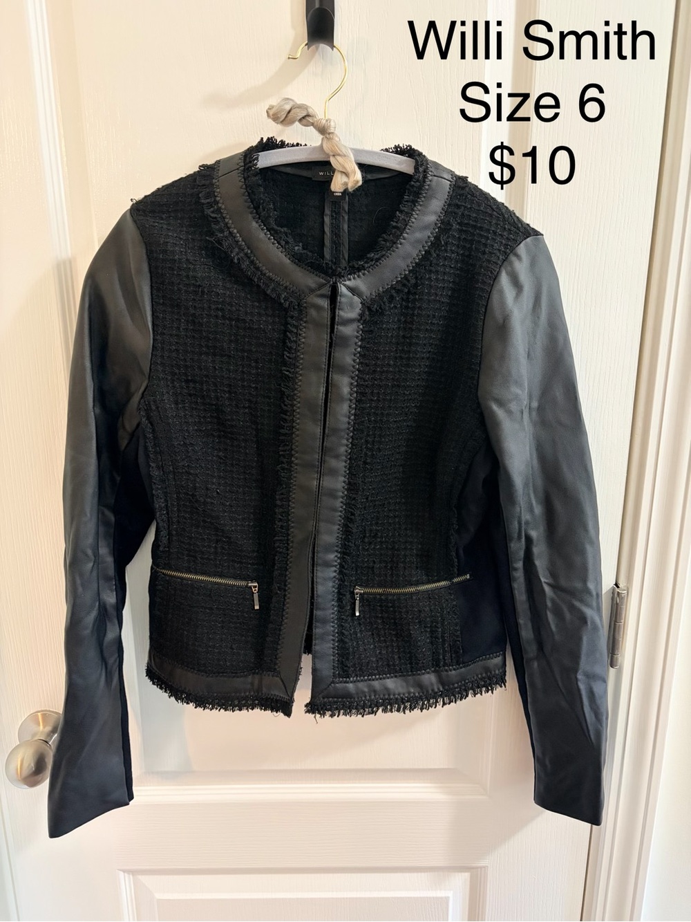 Willi Smith Black Mixed-Media Leather & Tweed Jacket